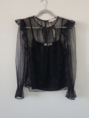LOFT Black Sheer Polka Dot Floral Ruffle Blouse